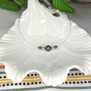 Silver Tone Blue and Gray Faux Pearl Illusion Choker Necklace